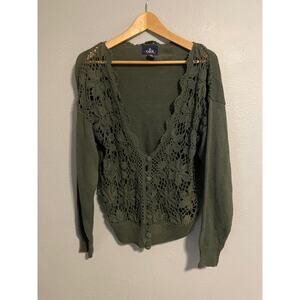 Vintage Womens Cardigan Large Green Floral Crochet Forest Fairy Cottagecore 90s